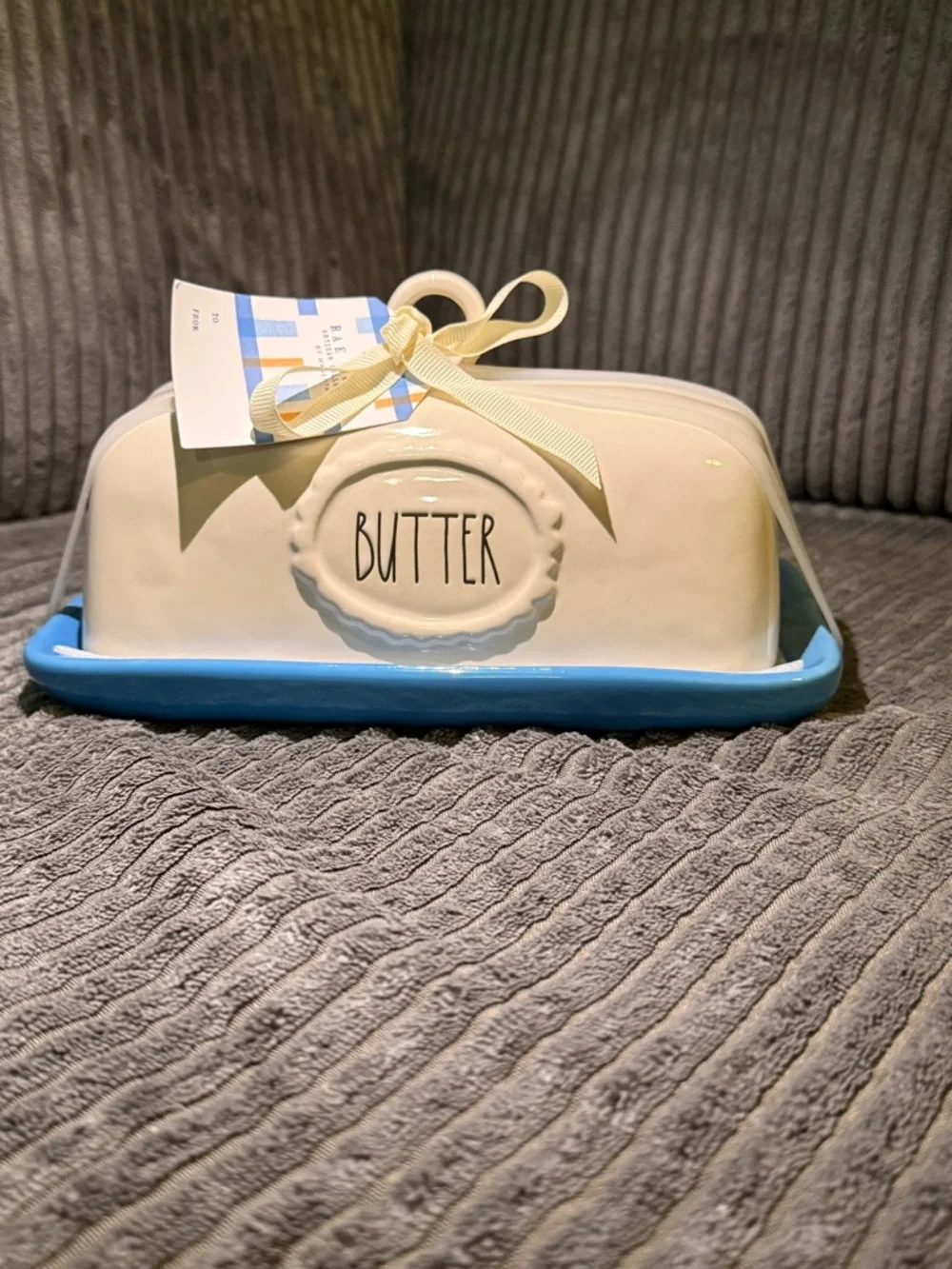 Rae Dunn Ceramic Butter Dish in White and Light Blue